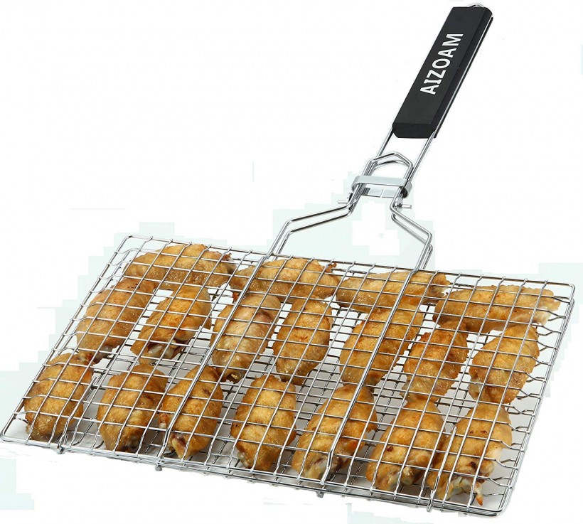 AIZOAM Portable Stainless Steel BBQ Barbecue Grilling Basket for Fish,Vegetables, Steak,Shrimp, Chops and Many Other Food .Great and Useful BBQ Tool.-【Bonus an Additional Sauce Brush】.