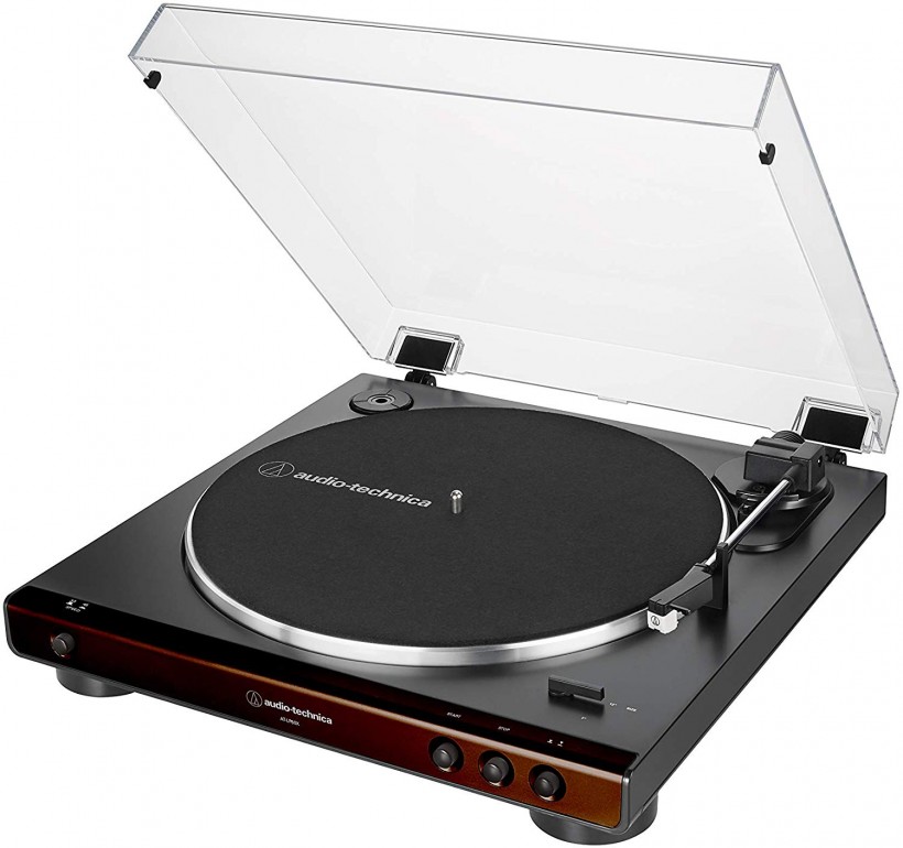 Audio-Technica At-LP60X-BW Fully Automatic Belt-Drive Stereo Turntable, Brown/Black, Hi-Fidelity, Plays 33 -1/3 and 45 RPM Vinyl Records, Dust Cover, Anti-Resonance, Die-Cast Aluminum Platter