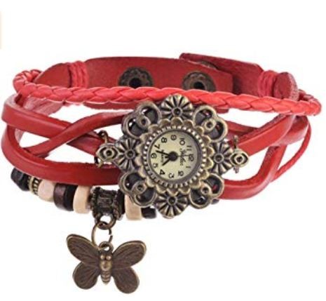 Souarts Brown Weave Wrap Artificial Leather Strap Bracelet Watch with Butterfly Charm