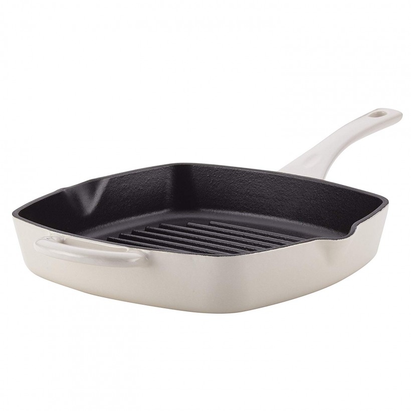 Ayesha Collection Cast Iron Square Grill Pan with Pour Spouts, 10-Inch, French Vanilla