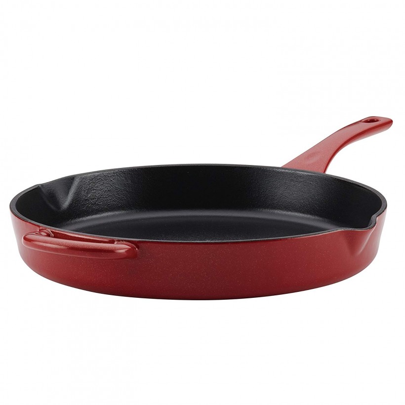  Ayesha Curry 46961 Enameled Cast Iron Skillet/Fry Pan with Pour Spouts, 12 Inch, Sienna Red