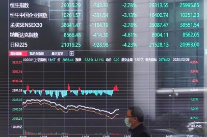 Man wearing a face mask is seen inside the Shanghai Stock Exchange building