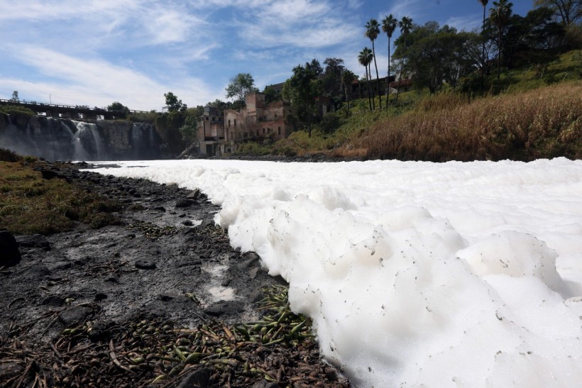 Foam covers the Santiago River in Juanacatlan