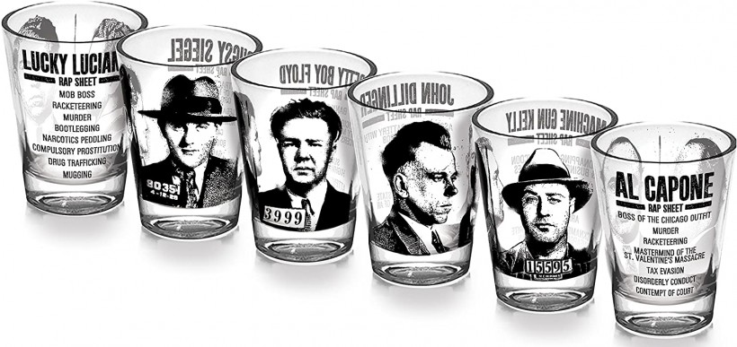  Mug Shots - 6 Piece Shot Glass Set of Famous Gangster Mugshots - Comes in a Colorful Gift Box