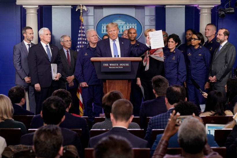 U.S. President Trump speaks during a news briefing on the administration's response to the coronavirus in Washington.