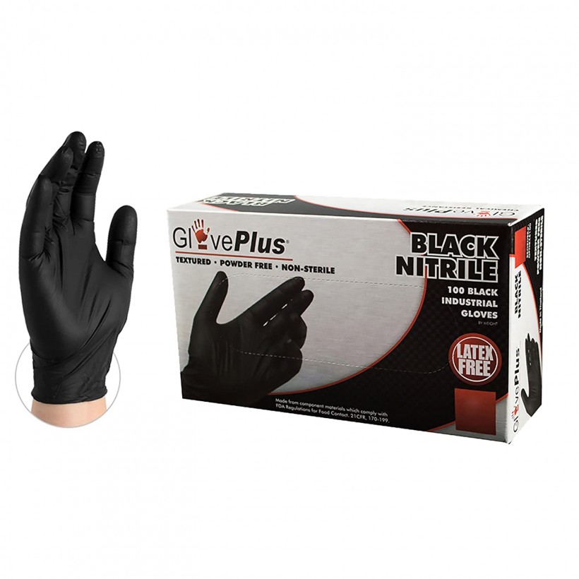 GlovePlus Industrial Black Nitrile Gloves, Box of 100, 5 mil, Size Large, Latex Free, Powder Free, Textured, Disposable, GPNB46100-BX