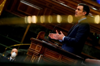 Spanish PM Sanchez speaks during a session on coronavirus disease (COVID-19) at Parliament in Madrid