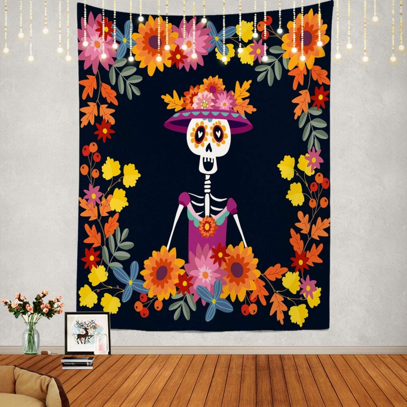 Shrahala Mexican Tapestry, Dia De Muertos Mariachi Band of Skeletons and Wall Hanging Large Tapestry Psychedelic Tapestry Decorations Bedroom Living Room...
