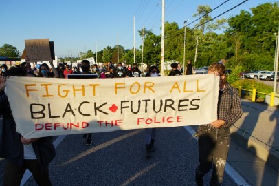 Protest against police brutality of a man hit by a Florissant detective and death in Minneapolis police custody of George Floyd in Florissant, Missouri