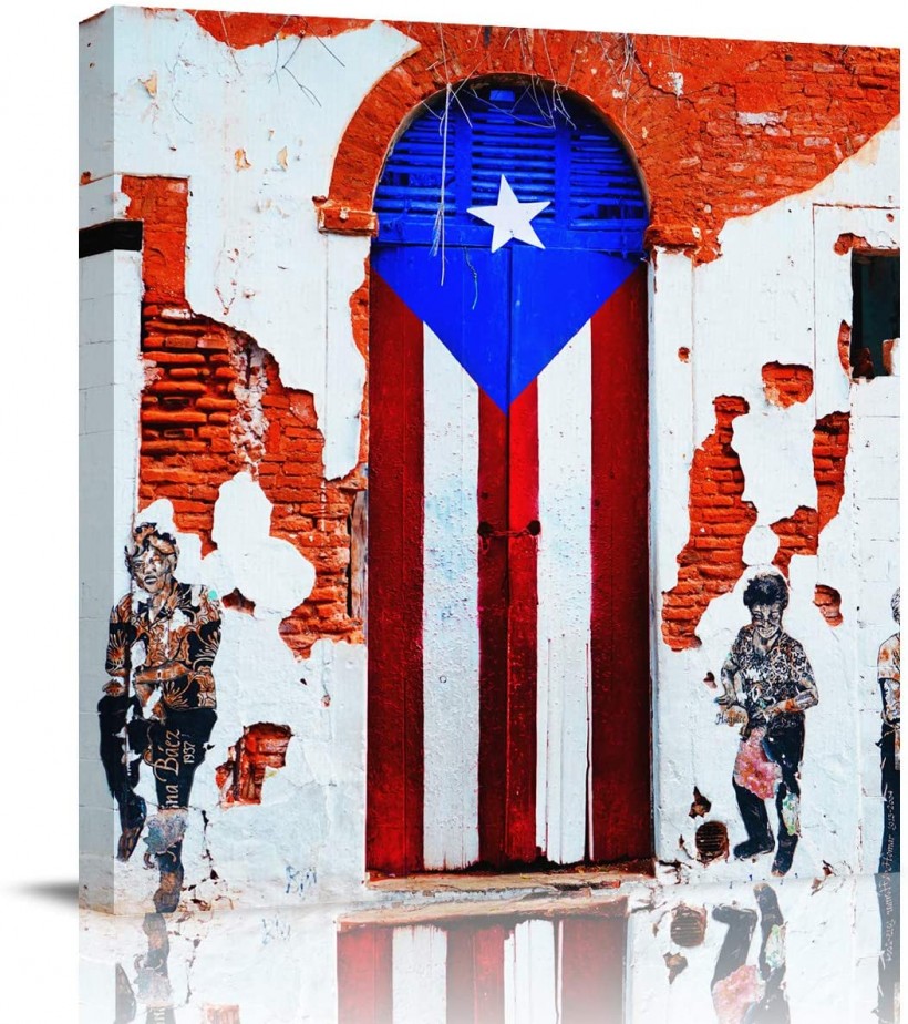  Canvas Prints Wall Art Paintings 8x8 inches Rustic Old Puerto Rico Flag Door People Wall Artworks Pictures for Living Room Bedroom Decoration Home Kitchen..