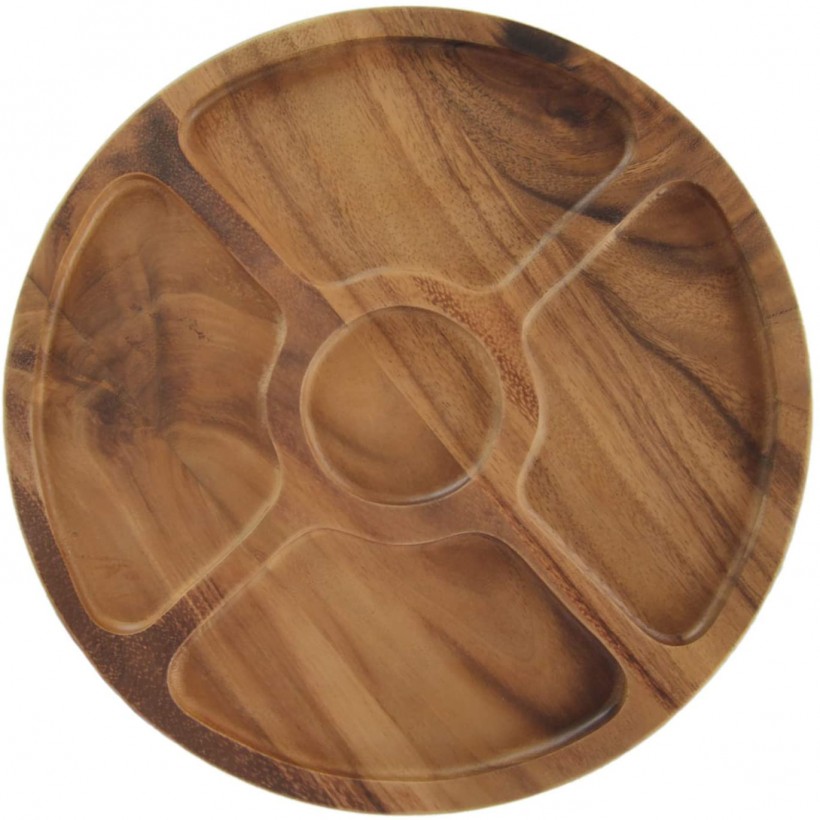 roro Round Wood Compartment Divided and Dip Tray, 13 Inch