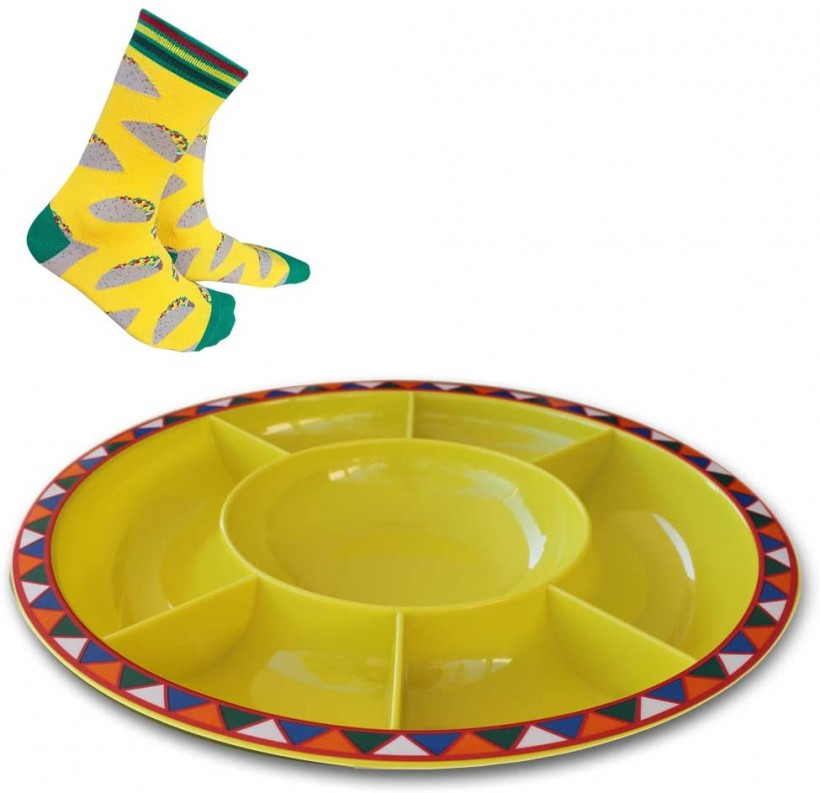  Serving Platter for Parties Large Divided Tray, Plate for Taco Chips and Dip, Snacks with Taco Socks. Durable and Melamine Plastic