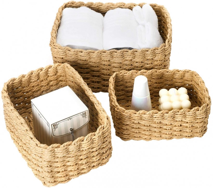  LA JOLIE MUSE Woven Storage Baskets, Recycled Paper Rope Bin Organizer Divider for Cupboards Drawer Closet Shelf Dresser, Set of 3 (Desert)