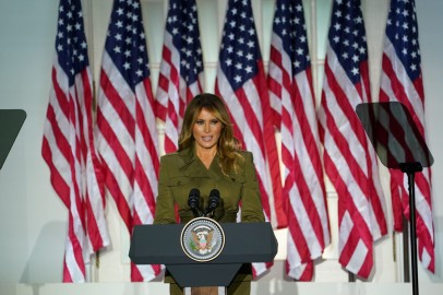 Melania Trump delivers a 25-minute speech during the 2020 Republican National Convention on August 25, 2020 at the White House Rose Garden in Washington DC.