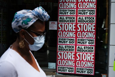 A store advertises a sale on July 07, 2020 in the Brooklyn borough of New York City.