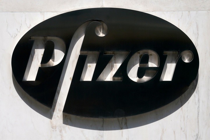 FILE PHOTO: FILE PHOTO: A sign is pictured outside Pfizer Headquarters in the Manhattan borough of New York City