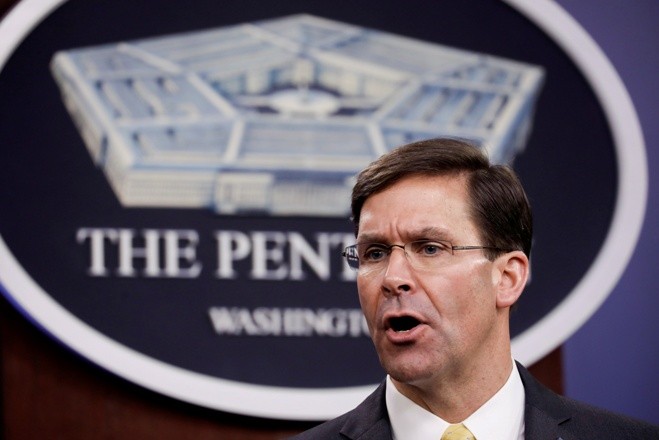 FILE PHOTO: U.S. Defense Secretary Mark Esper and Britain's Secretary of State of Defence Ben Wallace joint news conference