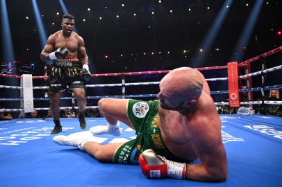 Francis Ngannou knocked Tyson Fury down with a left hook in round 3 of their Oct. 28, 2023, fight in Saudi Arabia.