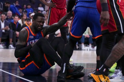 New York Knicks forward Julius Randle after injuring his right shoulder in a game against the Miami Heat on Jan. 27, 2024