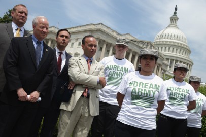 Rep. Jeff Denham (R-CA), Rep. Mike Coffman (R-CO), Rep. Joaquin Castro (D-TX) and Rep. Luis Gutierrez (D-IL) join a group of military 'DREAMers', undocumented youth who aspire to serve the United States in uniform but are prohibited from doing due to thei