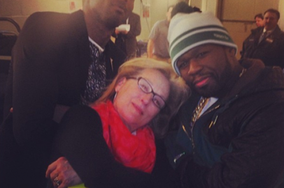 Meryl Streep posing with 50 Cent and Kobe Bryant