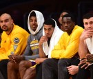 Robert Sacre #50, Nick Young #0, Jordan Clarkson #6, Brandon Bass #2 and Larry Nance Jr. #7 of the Los Angeles Lakers