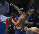 Michael Phelps Celebrates 4x200-meter freestyle relay gold medal win