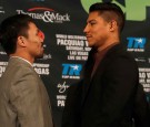 Manny Pacquiao and Jessie Vargas face off during a press conference at the Beverly Hills Hotel on September 8, 2016 in Beverly Hills, California.