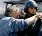 American actor Casper Van Dien with Dutch director Paul Verhoeven on the set of his movie Starship Troopers, based on the book by Robert A. Heinlein. 