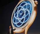 Kevin Ho, president of the Handset Product Line of Huawei Consumer Business Group (BG), presents new women's versions of the Huawei Watch at a press conference on CES Press Day, January 5, 2016.