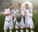 Karim Benzema, Cristiano Ronaldo and Gareth Bale of Real Madrid CF during Real Madrid CF team celebration at Santiago Bernabeu Stadium. 