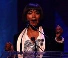  Angela Bassett speaks during the Hillary Victory Fund - Stronger Together concert at St. James Theatre on October 17, 2016 in New York City. Broadway stars and celebrities performed during a fundraising concert for the Hillary Clinton campaign.