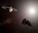 Illustration of Unmanned spacecraft approaching the planet Saturn