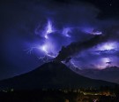 A general view of spewing pyroclastic lava and thunderbolts are seen during Mount Sinabung volcano eruption, seen from Tiga Pancur village in Karo, North Sumatra, Indonesia on July 28, 2016. 