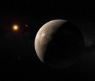 A hand out image made available by the European Southern Observatory on August 24 2016, shows an artist's impression of the planet Proxima b orbiting the red dwarf star Proxima Centauri.