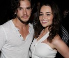 Actors Kit Harington (L) and Emilia Clarke (R) pose at HBO's 'Game Of Thrones' Panel during Comic-Con 2011 on July 21, 2011 in San Diego, California