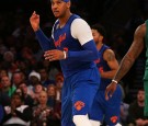 Carmelo Anthony #7 of the New York Knicks reacts after hitting a three pointer against the Boston Celtics at Madison Square Garden on December 25, 2016 in New York City. 