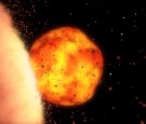 This artist's animation shows a celestial body about the size of our moon slamming at great speed into a body the size of Mercury. 