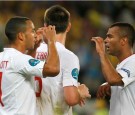England's Walcott, Terry and Lescott celebrate their victory over Ukraine after their Group D Euro 2012 soccer match at the Donbass Arena in Donetsk