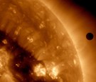 In this handout image provided by NASA, the SDO satellite captures a ultra-high definition image of the Transit of Venus across the face of the sun at on June 6, 2012 from space. 