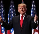 Republican presidential candidate Donald Trump gives two thumbs up to the crowd during the evening session on the fourth day of the Republican National Convention 