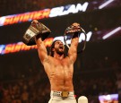 Seth Rollins celebrates his victory over John Cena at the WWE SummerSlam 2015 at Barclays Center of Brooklyn on August 23, 2015 in New York City. 