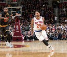 Derrick Rose #25 of the New York Knicks handles the ball against the Cleveland Cavaliers during a game on October 25, 2016 at Quicken Loans Arena in Cleveland, Ohio.