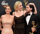 Maisie Williams, Emilia Clarke, Sophie Turner and Kit Harington pose in the press room during the 68th Annual Primetime Emmy Awards.