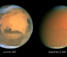 A comparison image of the planet Mars reveals October 11, 2001 that a global dust storm has engulfed the planet. 