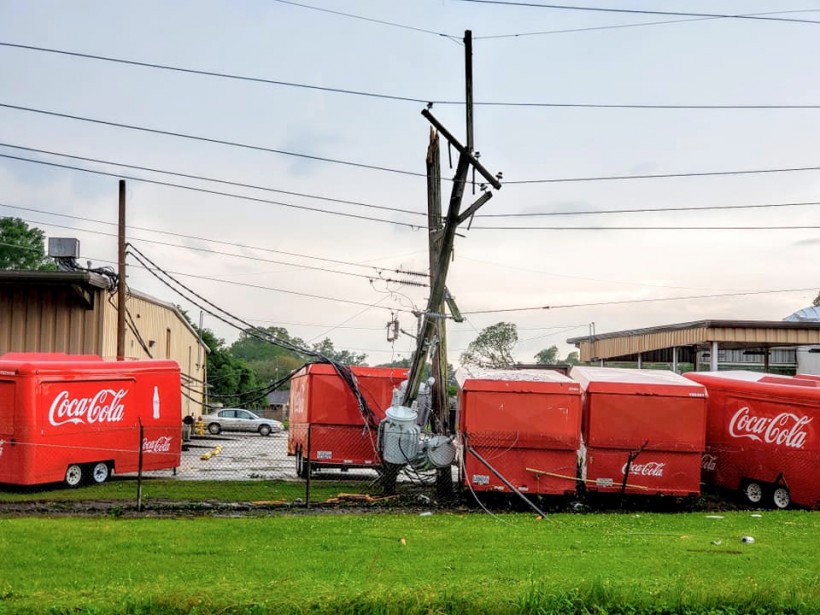 Damaged Coca Cola vehicles are seen in the aftermath of a tornado in Monroe, Louisiana, U.S. April 12, 2020