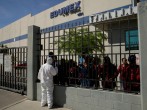 Susana Prieto, a lawyer and labor activist, advises employees of an Edumex factory during a protest to halt work amid the spread of the coronavirus disease (COVID-19), in Ciudad Juarez