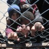 Children look through a chain linked fence