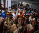 Ecuador's Waorani tribe waist outside a courtroom in the provincial court of Pastaza, Ecuador.