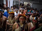 Ecuador's Waorani tribe waist outside a courtroom in the provincial court of Pastaza, Ecuador.